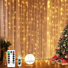 چراغ های پرده ای LED اتاق خواب ، چراغ های پرده ای پنجره ای کریسمس ، پرده های نور LED برای جشن عروسی در خانه باغ اتاق خواب اتاق تزئینات دیوارهای داخلی فضای باز سفید گرم 9.8x9.8 Ft