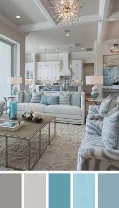 اتاق نشیمن شیک ساحلی در سفید ، آبی و خاکستری |  خرید نگاه کنید