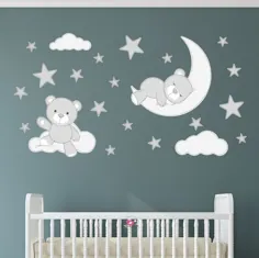 Teddybär Aufkleber ، Kinderzimmer Wandsticker ، Sterne Wolken und Mond Stoff Muster ، Monochrome Grau Weiß ، Gender Neutral Babyzimmer ، Geschenk für Kinder