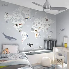 نرم رنگ Weltkarte Kinderzimmer Tapete Wandbild ، Weltkarte mit Cartoon Tiere Ozean Tiere Kinder Kinder Wandbild Tiere Wandbild