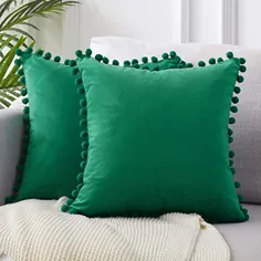 روکش های بالشی تزئینی فینل با پوم پومز ذرات نرم مخمل کوسن جامد 18 X 18 مخصوص اتاق خواب اتاق خواب ، بسته 2 عددی ، سبز تیره