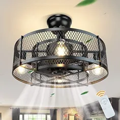 پنکه سقفی محفظه دار DLLT 20 با نور ، 3 سرعت قابل تنظیم ، چراغ های سقفی فن دار از راه دور ، پنکه های سقفی صنعتی برای اتاق نشیمن ، اتاق خواب ، آشپزخانه ، پایه لامپ 4xE26 ، سیاه (بدون لامپ)