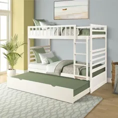 Harper & Bright Design White Twin over Twin Solid Wood Bunk Bed with Trundle-SK000015AAK - انبار خانه