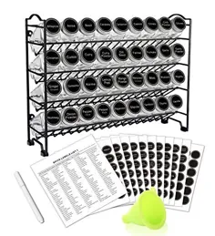 SWOMMOLY Spack Rack Organizer با 36 شیشه ادویه مربع خالی ، 396 برچسب ادویه با نشانگر گچ و مجموعه کامل قیف ، برای پیشخوان ، کابینت یا دیوارپوش