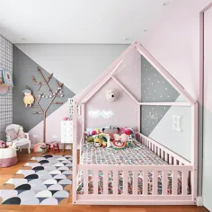 Ein graues und rosafarbenes Kinderzimmer modern weich und zart.  Vinyl-Teppiche یک ...