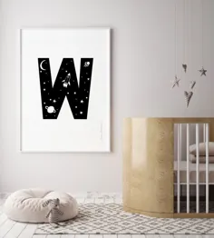 نامه مضمونی فضایی W چاپ برای دکوراسیون اتاق کودک نو پا با موشک سیاه و سفید ، Alphabet Pri