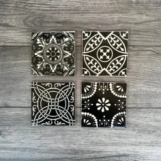 مجموعه ترکیبی از 4 کف کاشی مکزیکی سیاه و سفید و سفید |  اتسی