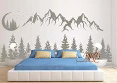 دیوار کوهی Decal چشم انداز کوهستانی با ماه ، درخت کاج ، کوه برگردان کوهی ، هنر دیوار کوهستانی ، مهد کودک Woodland ، پرندگان ، دیوار برگ درخت جنگل-DK328