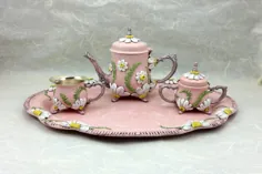 ست چای مینیاتوری OOAK Pink Shabby Chic Daisies Handmade |  اتسی