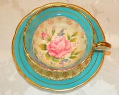 AYNSLEY TURQUOISE PINK ROSE Gold FANCY TEA CUP TEACUP and SAACER SET ENGLAND