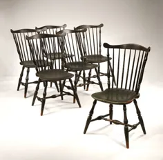 عتیقه جات آمریکایی - دیوید شورش و لبخندهای آیلین - حوزه های تخصصی عبارتند از: آمریکانا در سبک عامیانه: صندلی های عتیقه ویندسور آمریکانا - مجموعه ای همسان از شش صندلی کناری فنس پشتی با رنگ سبز