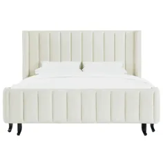 Kathy Kuo Home Victoria Classic Ivory Velvet Channel Upholstered Tufted Bed - Queen |