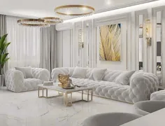 دکوراسیون اتاق نشیمن لوکس سفید و طلایی خیره کننده با مبل های soho سخت افزار ترمیم کننده به رنگ سفید