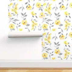کاغذ دیواری گل آبرنگ 15 ”- خشخاش - زرد و خاکستری
