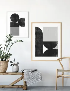 مجموعه ای از 2 مدرن مینیمالیستی سیاه و سفید دایره و خط چاپ هندسی ، چاپ بلوک اواسط قرن