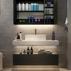 ست حمام تک حمام شناور دیواری 40 اینچ مدرن با روکش نقره ای مصنوعی و سینک ظرفشویی سفید و سیاه