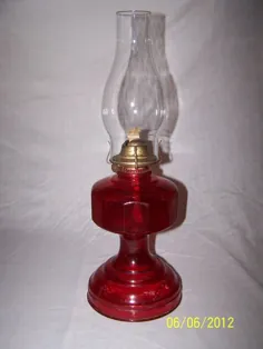 RUBY RED GLASS ANTIQUE KEROSENE OAM LAMP CHIMNEY EAGLE BURNER BRASS