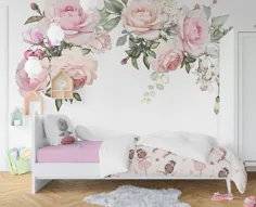 گل های رز آبرنگ گلدار کاغذ دیواری بزرگ خود چسب |  اتسی