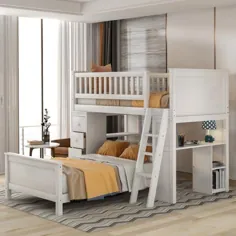 طرح هارپر و روشن Twin Over Twin Loft Bed با چهار کشو و نردبان برای کودکان ، چند رنگ ، سفید