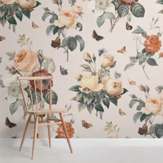 کاغذ دیواری کاغذی کرمی و نارنجی Vintage Floral Butterfly |  هوویا