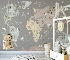 کودکان و نوجوانان نقشه رنگارنگ جهان با حیوانات تصویر زمینه نقاشی دیواری