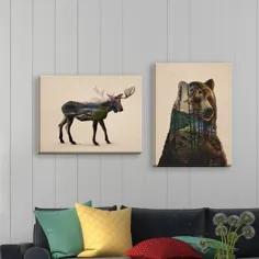 مجموعه منظره گوزن موز و خرس Loon Peak® Rustic Double Exposure؛  دکور Cod Lodge توسط Davies Babies گرافیک قالب رنگ نقاشی: بوم بسته بندی شده ، اندازه