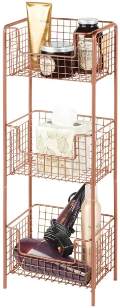 mDesign 3 طبقه عمودی ایستاده قفسه حمام ایستاده ، فلزی تزئینی ذخیره سازی برج برج قفسه با 3 سطل سبد برای نگهداری و سازماندهی حوله های حمام ، صابون دستی ، لوازم بهداشتی - مس