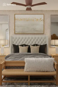 یک اتاق خواب پر زرق و برق با رنگ های خاکی و به سبک معاصر.