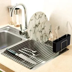 قفسه خشک کن ظرفشویی چند منظوره SANNO Over the Sink ، نگهدارنده خشک کن ظروف ، مخزن ضد زنگ ضد زنگ ، تشک مقاوم در برابر حرارت با سازمان دهنده درب ، ظروف نقره ای ظروف سیاه
