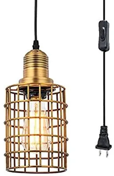 پلاگین آویز قفس سیم فلزی صنعتی Pauwer در چراغ های آویز سقفی Vintage Edison Swag Light با سیم خاموش خاموش (برنج آنتیک)