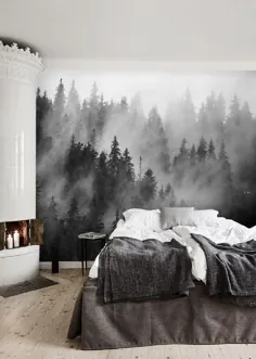 کاغذ دیواری کاغذ دیواری سیاه و سفید ، پوست و چوب پاک کردن کاغذ دیواری Misty Forest ، دیوار نقاشی دیواری متحرک ، کاغذ دیواری جنگل درخت مه آلود # 136