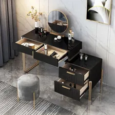میز آرایشی مدرن Aro با آینه و آینه و کابینت جانبی میز آرایش قابل ارتقا با کشوها از جنس استنلس استیل به رنگ مشکی