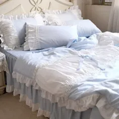 Swanlake Elegant Dace / Ruffle Hand Pleated Strips Blue Light Strips Cover Duvet Set bed bed 1414 (California California)