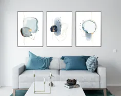 مجموعه هنرهای دیواری انتزاعی آبی و طلایی 3 Navy Modern |  اتسی