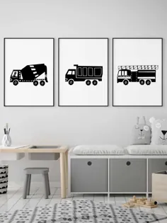 کامیون وال آرت مجموعه ای از 3 سیاه و سفید برای کودک نو پا دکوراسیون اتاق ، حمل و نقل دیوار هنر دانلود فوری
