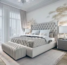 دکوراسیون اتاق خواب بژ و سفید و زیبا با تختخواب سفلی مخملی و دیوار گل دار
