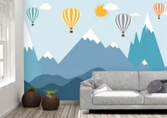 نقاشی دیواری دیواری کوهی آبی ombre ، کاغذ دیواری بالن های رنگارنگ Peel 'n Stick ، ​​تزیین دیوار کودکستان Snowy Peak ، پارچه متحرک ، اندازه سفارشی