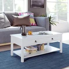 میز قهوه خانه HOMECHO با کشو - 42.5 "Lx23.2 Wx17.9 H ، میز سفید ، میز مبل کوکتل مدرن چوبی با قفسه ذخیره سازی برای اتاق نشیمن ، دفتر خانه