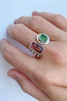انگشتر تورمالین صورتی و سبز با نقره عیار / انگشترهای نگینی / جواهرات دست ساز