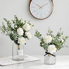 KIRIFLY گل مصنوعی گل رز ابریشم گیاهان تقلبی برگ اکالیپتوس توت گل آرایی دسته گل عروسی تزیینات میز گل وسایل گلدان پلاستیکی گیاهان مصنوعی داخل سالن تزئینات (سفید) |  مجموعه