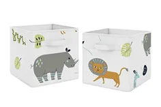 Sweet Jojo Designs Safari Animals Foldable Fabric Storage Storage Cube سطل آشغال جعبه سازمان اسباب بازی کودکان و نوجوانان کودک - مجموعه ای از 2 - زرافه شیر میمون شیرین فیروزه ای و سرمه ای