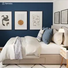 یک ایده طراحی اتاق خواب در اواسط قرن با دیوار لهجه آبی ، هنر انتزاعی و یک دفتر خانه.