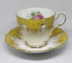 فنجان چای پاراگون چین و نعلبکی زرد و طلایی |  اتسی