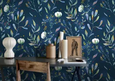 کاغذ دیواری گل تیره کاغذ دیواری آبی گیاهان آبرنگ |  اتسی