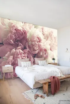 نقاشی دیواری گلدار گل صد تومانی در گل صد تومانی صورتی کم رنگ و سفید-سفید |  اتسی