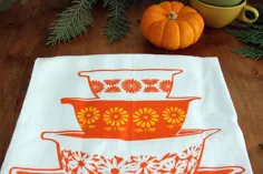 آشپزخانه حوله چای کیسه ای آرد آویز کاسه پیرکس نارنجی |  اتسی