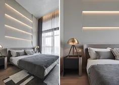 یک دیوار لهجه ای لایه ای با نور غیر مستقیم باعث ایجاد درخششی در بالای سر این اتاق خواب می شود