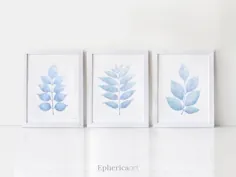 برگ های آبی روشن هنر دکور آبی کم رنگ مجموعه چاپ اتاق خواب 3 |  اتسی