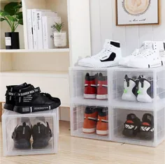 AkakaUS - Storage Shoes Box Womens Mens Shoes Storage Box Plastic Foldable Stackable ظرف کفش پاک - پاک کننده کفش قفسه کمد سیاه