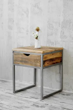 میز کنار تخت صنعتی ، میز تختخواب چوبی و استیل: چوب انبار روستایی اصلاح شده ، مبلمان چوبی انبار روستایی و صنعتی